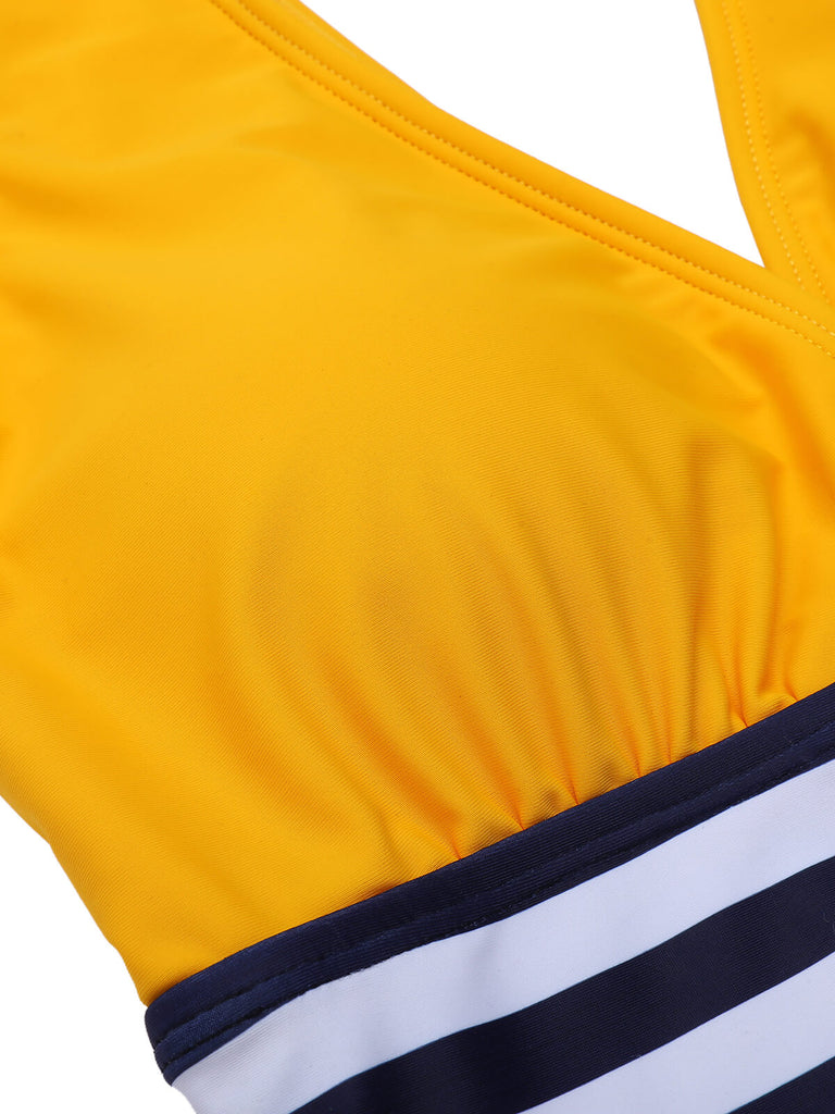 Maillot de bain rayé jaune et bleu années 50 à lacets