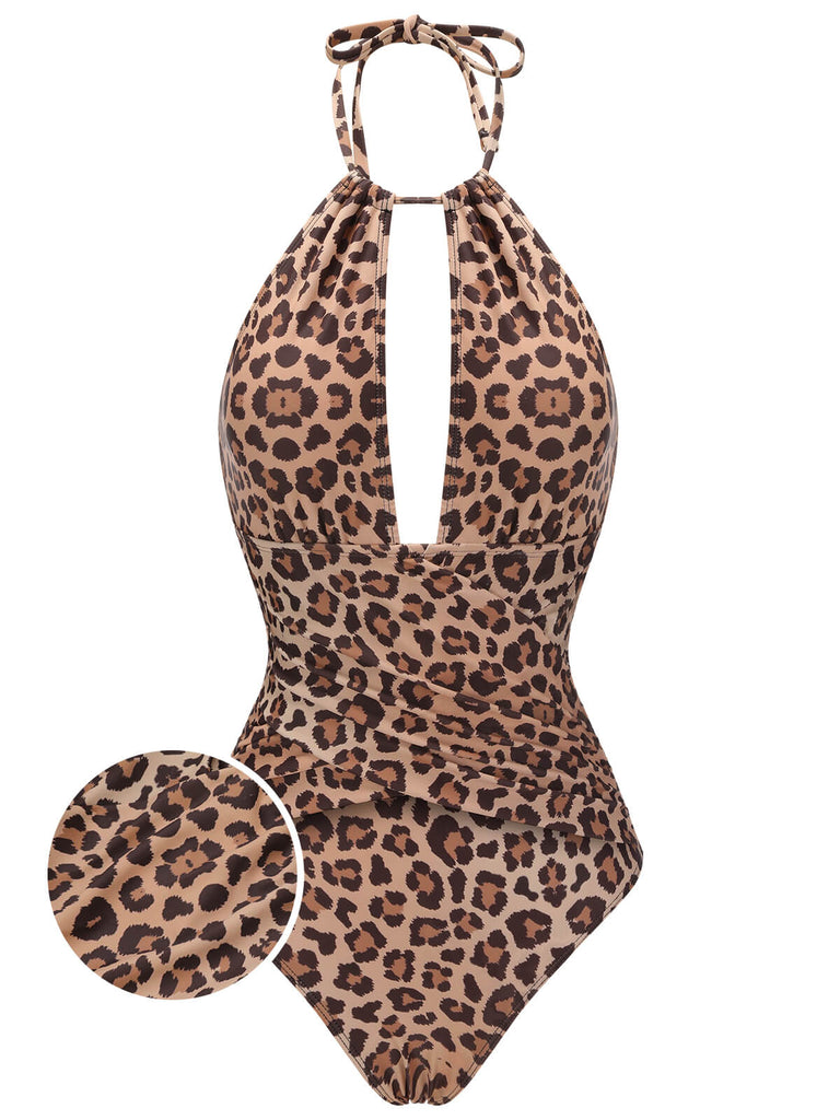 Maillot de bain marron léopard col V années 30