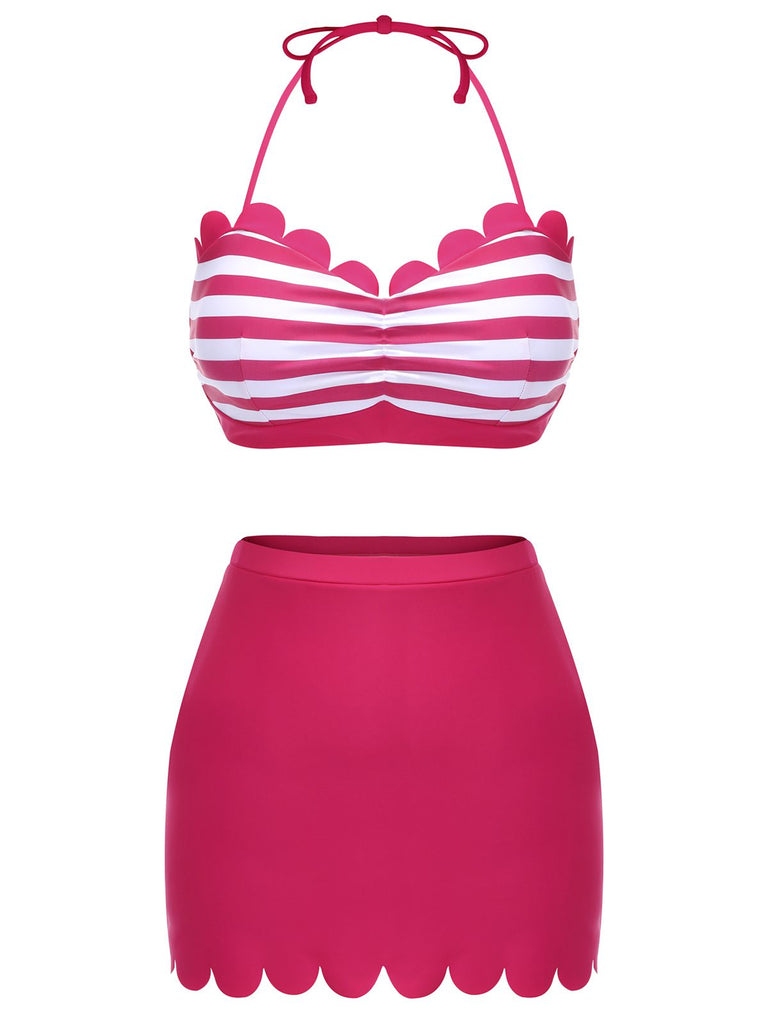 2PCS Maillot de bain rose rouge années 40 à rayures licou