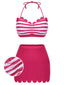 2PCS Maillot de bain rose rouge années 40 à rayures licou