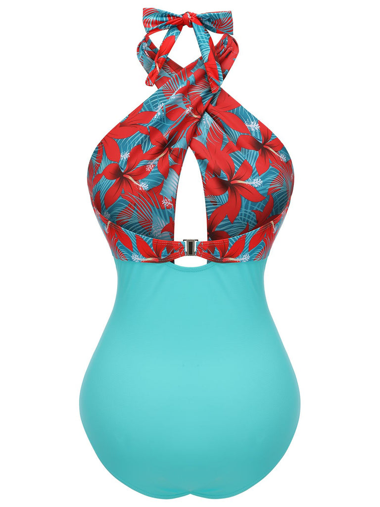 Maillot de bain fleuri à bretelles croisées avec nœud papillon années 1950