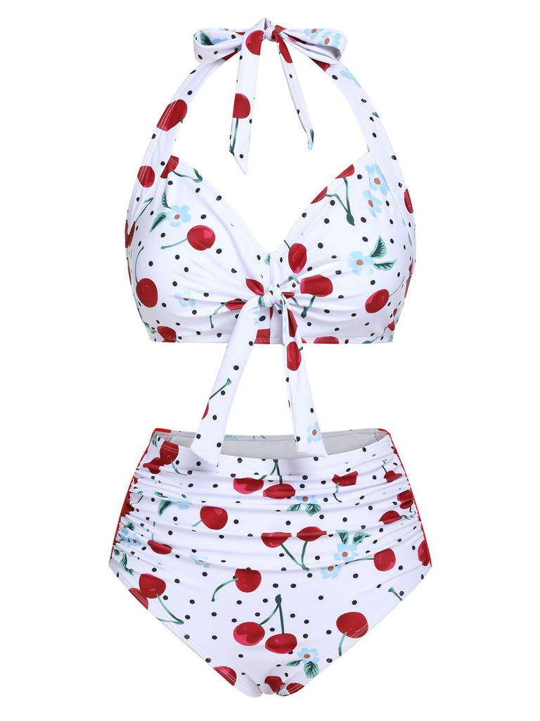 Maillot de bain licou à lacets blanc cerise des années 1950