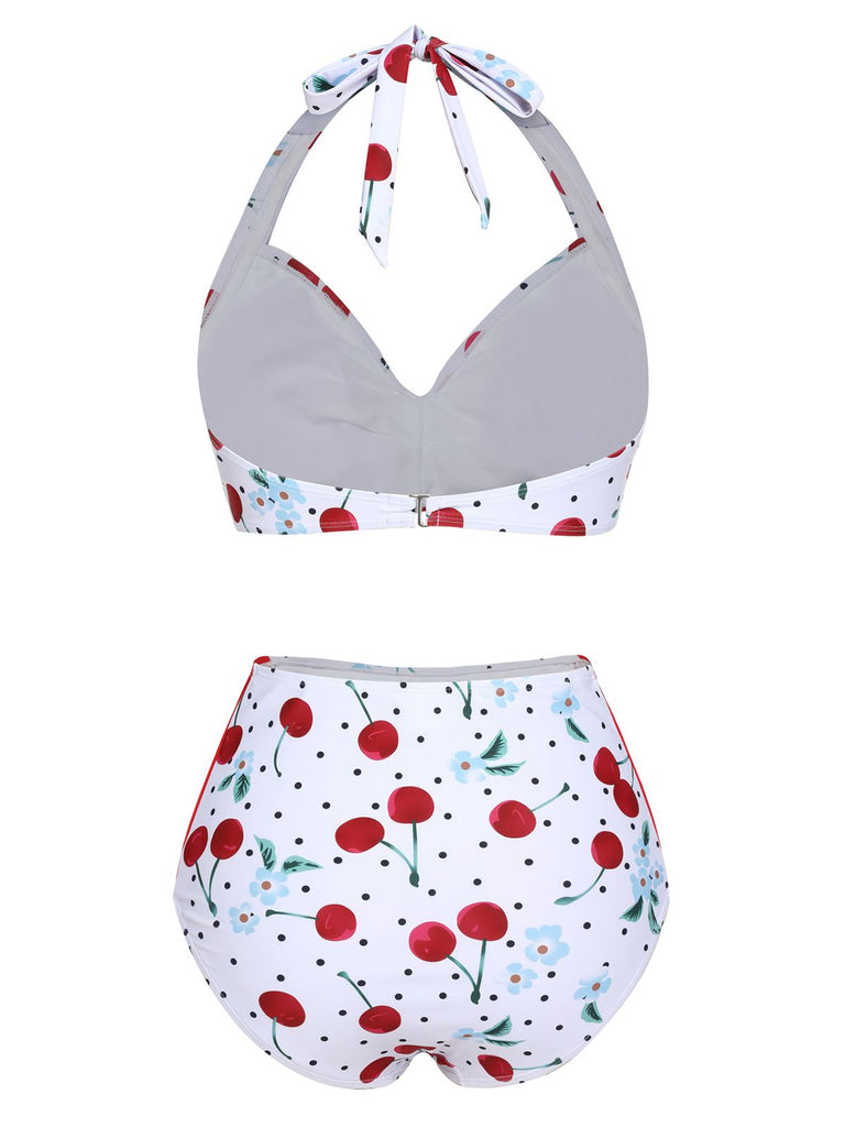 Maillot de bain licou à lacets blanc cerise des années 1950
