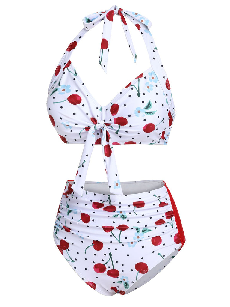 Maillot de bain licou à lacets blanc cerise des années 1950