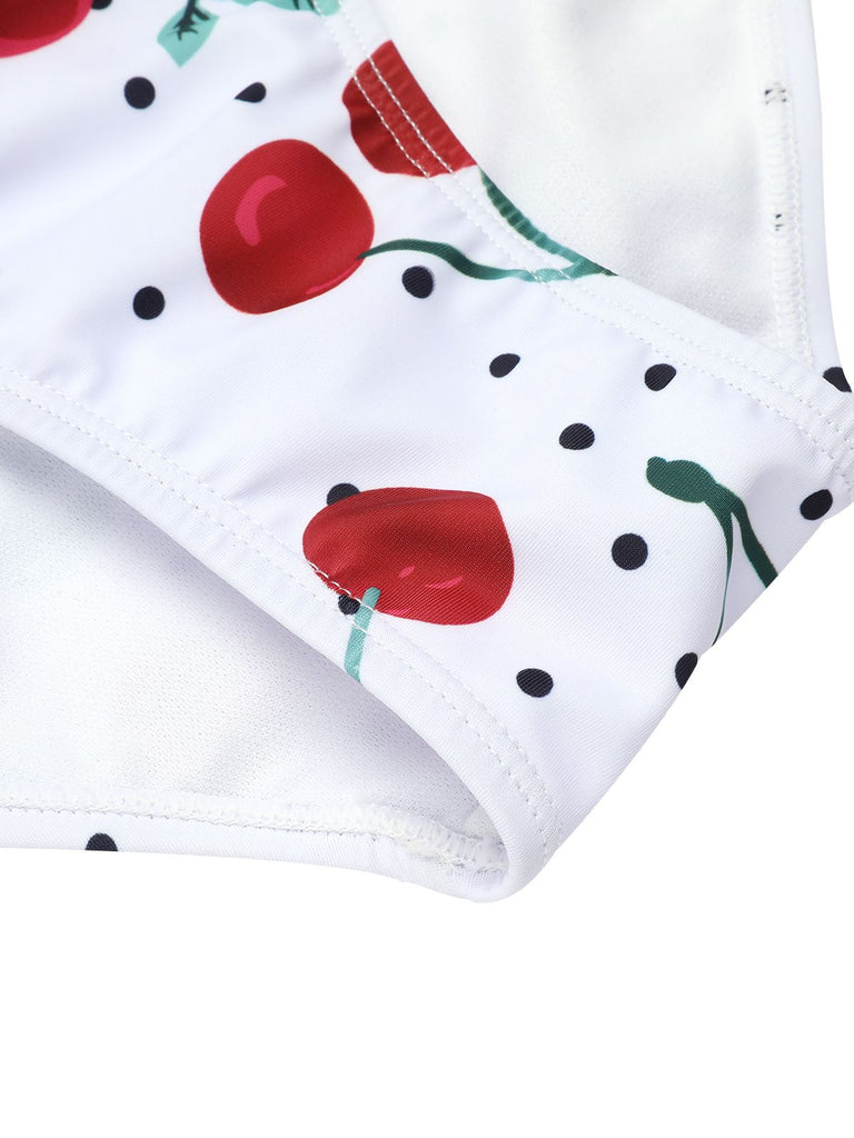 Maillot de bain licou à lacets blanc cerise des années 1950