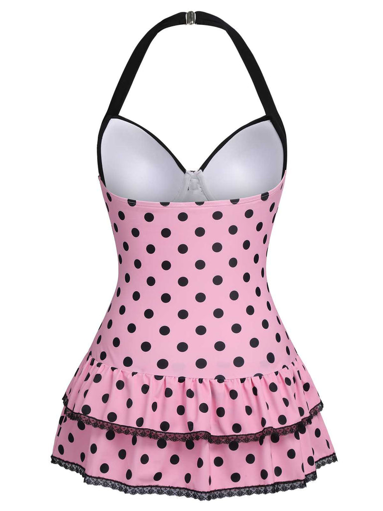Maillot de bain une pièce rose à pois et nœud des années 1940