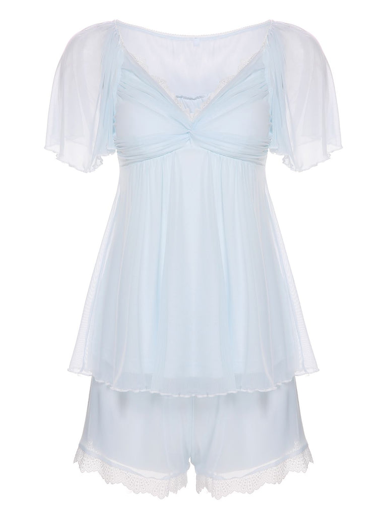 2PCS Pyjama en dentelle et maille bleu clair à col en V des années 1940