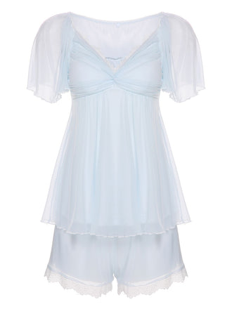 2PCS Pyjama en dentelle et maille bleu clair à col en V des années 1940