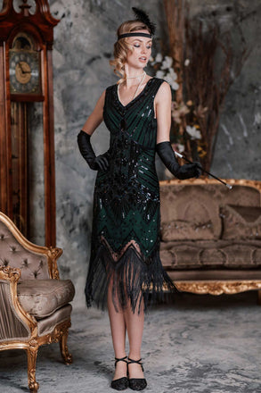 Robe Charleston Noir Cocktail Années 20 à Franges Paillettes Gatsby