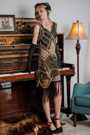 Robe Charleston Vintage Années 20 Gatsby à Paillettes Dorée Cocktail